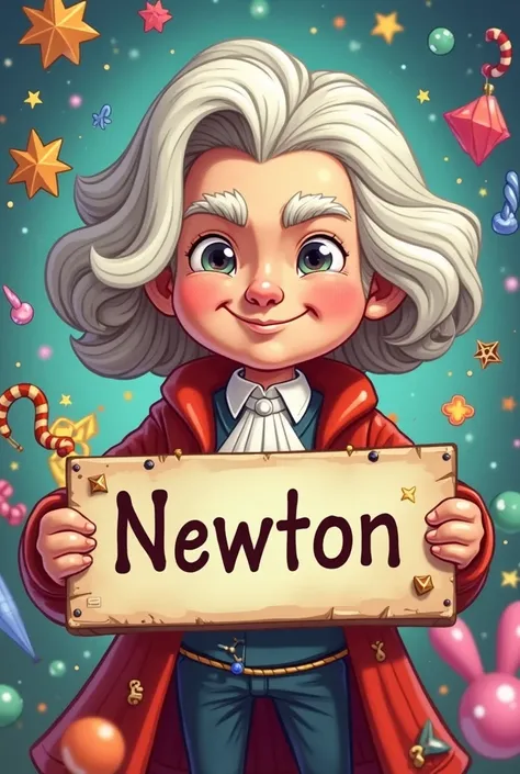 Isaac Newton cartoon style holding a sign that says his name
