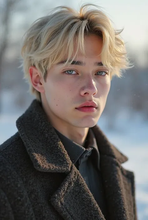 A very handsome Korean young man with a very Russian foreign beauty, with blond hair, white skin, red lips, and blue eyes. He wears a coat and his muscles stand out. Make him more beautiful and handsome than Taehyung from BTS.”