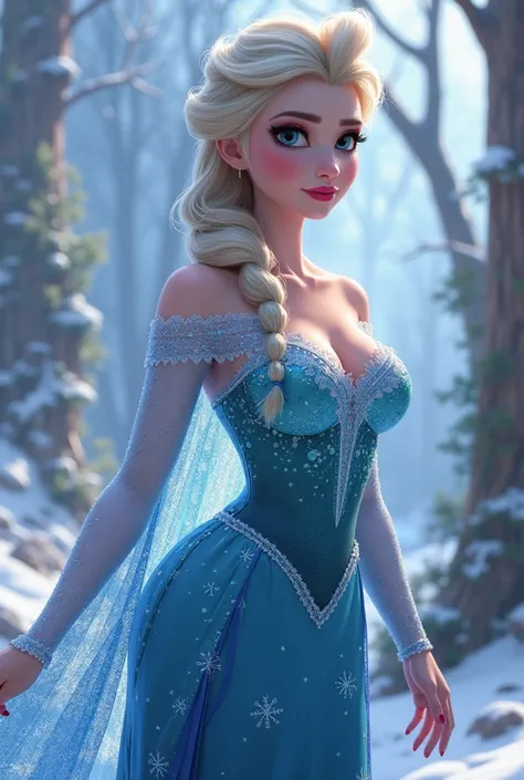 Elsa, Frozen princess with a sexy blue dress, big breast, big butt, 2.5D