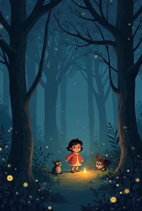  the animals lost in the shadows. With her soft light, she guided them safely home, showing that even the smallest glow can make a big difference.

Moral: A little kindness can light up the darkest paths.
Create image for the scenes 