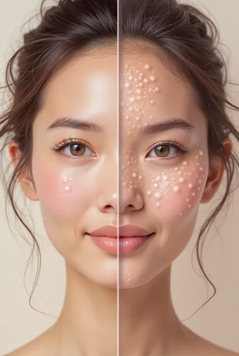 Now make a vector of a before and after. the photo from before has to have a woman with a blotchy part of the skin on her face, After that a woman's skin must appear clean.