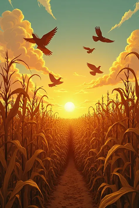  a vast golden corn plantation at sunset. Do birds fly , as the wind gently blows the dried leaves of the cornfield." Colorid comic book cartoon style