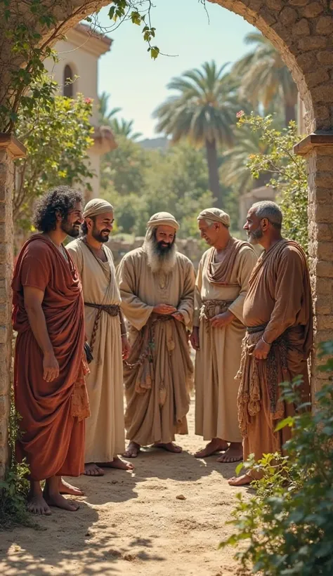 Ancient Hebrew family of 12 members, an 80-year marriage, A 60-year-old married couple , A 60-year-old married couple , a 40-year marriage, a 20-year marriage, 2 young people , on a day in the garden,  sunny day 