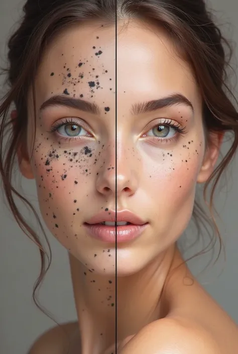 Make a vector of a woman looking straight ahead with a line dividing her facial skin in two, on the left side a skin with black spots and on the right side a beautiful and silky skin without imperfections