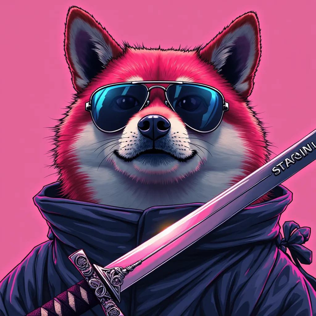 A Shiba dog with sunglasses, Samurai and a super epic katana in pink, purple and black from the hips up