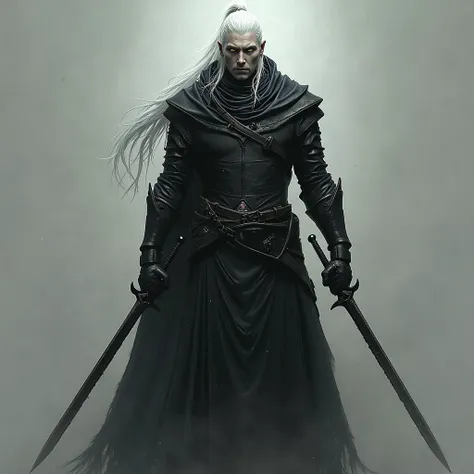 A tall and pale strange man with bright gold eyes and long white hair tied in a ponytail at the back of his head wears black leather armor, worn armor and a black cloak and 2 long black blades