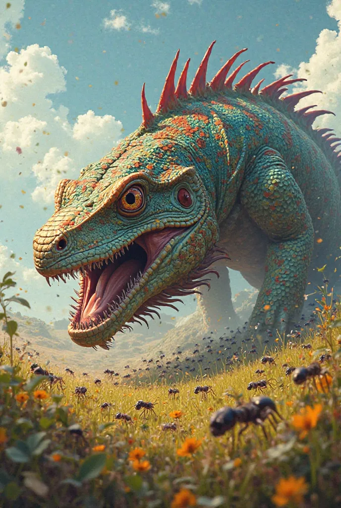 A giant colored lizard is biting ants in a wide field around, surrounded by several species of ants.