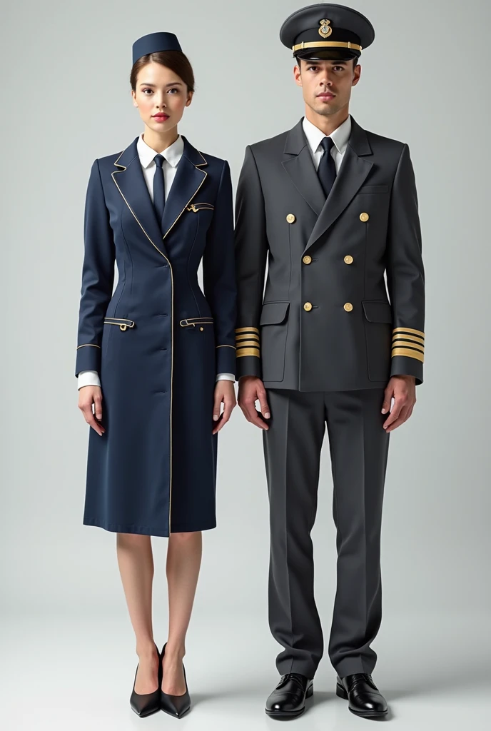 Make a traditional outfit for a flight attendant and pilot from Germany in 2025 so that they stand next to each other and have full height so that I can see them from head to toe