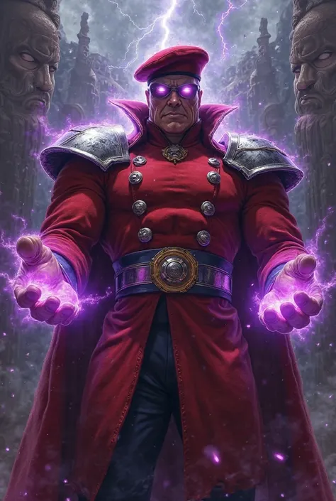 m. Bison
"A powerful and stately dictator wearing a red military uniform with silver metallic shoulder pads and a beret. Your eyes shine with a sinister purple light, and a cruel smile forms on your face. He is surrounded by an aura of purple psychic energ...