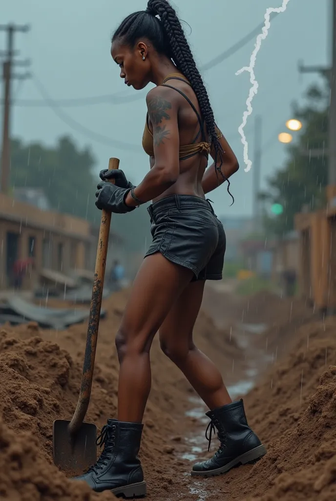 Skinny 22 year old naked ebony girl, skinny athletic toned abs, flat chest and stomach, tiny ass,  tattoos on arms, with long braided hair in a ponytail, wearing only leather shorts, gloves, and black boots, totally naked on top showing beautiful tiny tits...