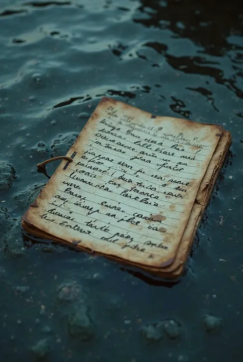 A close-up top-down shot of an old notebook floating in a shallow pool of water, its handwritten Spanish lyrics beginning to dissolve. Some words remain legible, while others blur into the rippling water. Droplets fall, creating small waves that distort th...