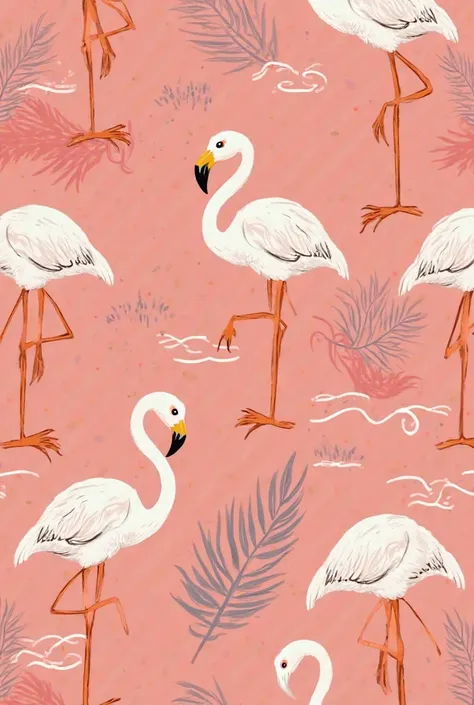 A playful and colorful seamless pattern of cute cartoon-style flamingos standing on one leg, set against a bright coral pink background with abstract tropical leaves and wave patterns. The flamingos have expressive eyes and fun poses, making the design ide...