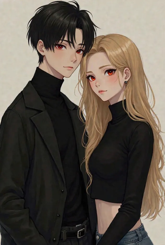 Create a couple the boy wears very dark black clothes their eyes are a dark red shade white skin he is Asian between 22 and 27 years old I look serious his eyes are a dark red color The lady is a little shorter than he has long blond hair also of Asian des...