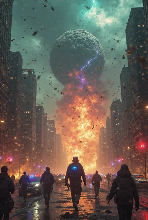 A colossal asteroid impact on Earth on December 22, 2032, striking the heart of a massive metropolis. The asteroid, an enormous fireball with a cracked, molten surface, descends from the sky, leaving behind a blinding blue-white plasma trail. As it crashes...