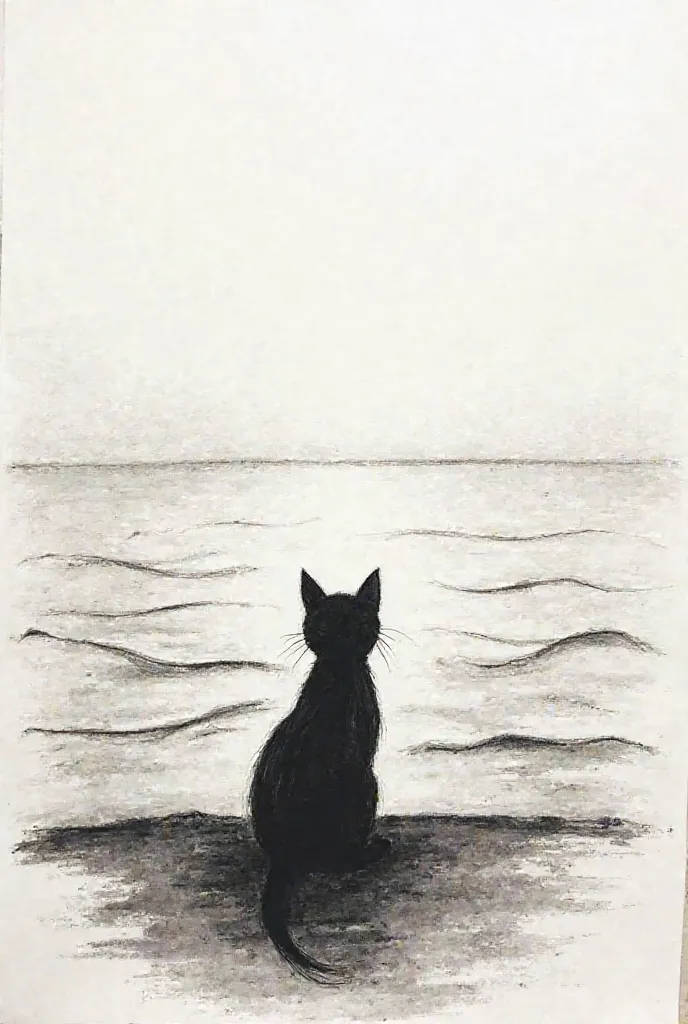 Make a drawing of a cat looking at the sea made of charcoal but really simple