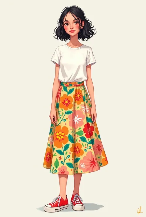 Cartoon skirt with flowers with a white T-shirt