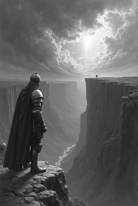 A lone medieval knight stands at the edge of a vast cliff, gazing down into an endless abyss. The knight wears worn, battle-damaged armor, with scratches and dents telling stories of countless battles. The sky above is dark and ominous, heavy with thick, s...