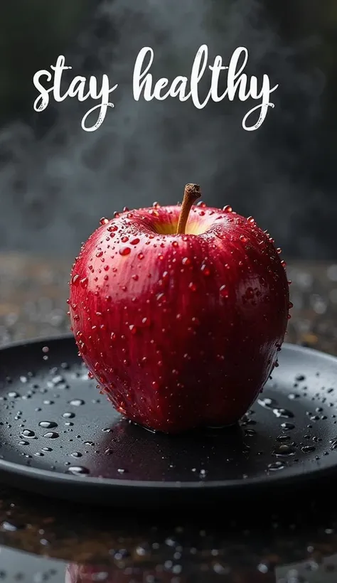 Red apple on a black plate, misty, water drops on apple, macrofocus. Ornated decorated white large text "Stay Healthy" on top of the image