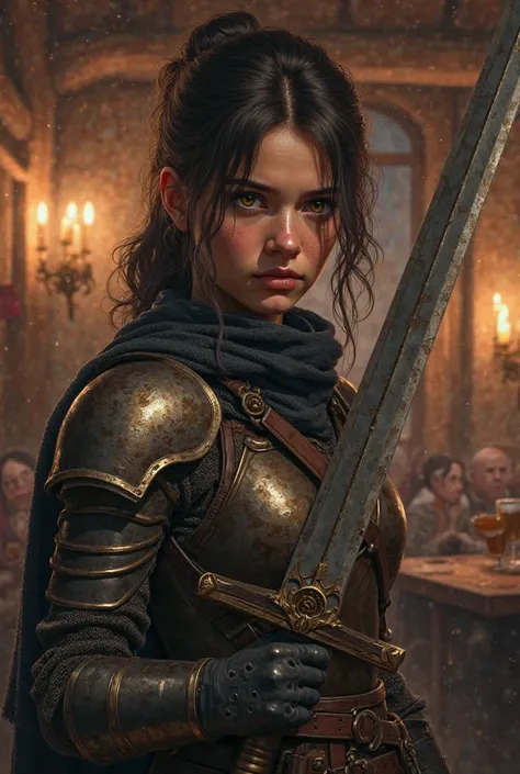 A girl in light armor with a sword looks at you with resentment, blushing, against the background of the tavern 