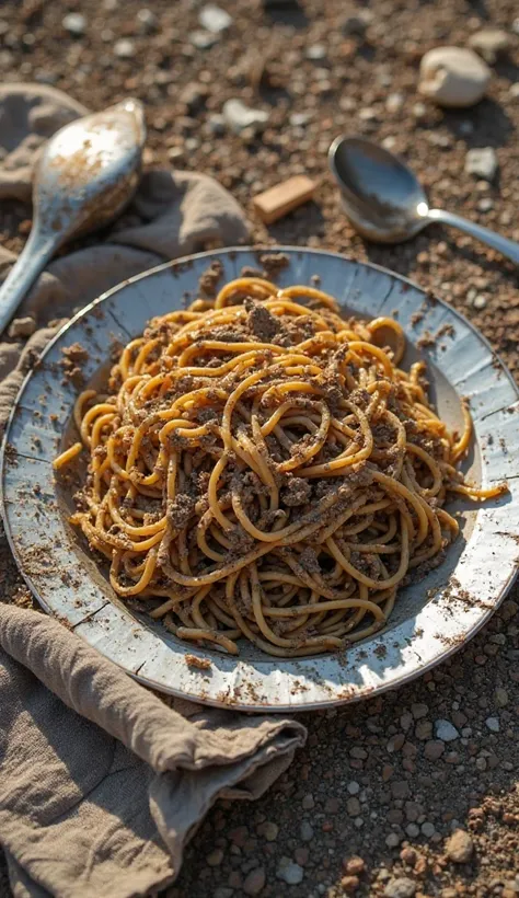 **Scene:** A cracked, rusted tin plate filled with **mud-caked noodles** (noodles visibly made of dirt, twigs, and gravel). The plate sits on a barren, parched ground littered with trash. A grimy cloth and a broken spoon lie nearby.  