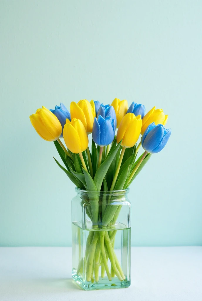 A bouquet of yellow and bright blue tulips in a rectangular glass vase half in water stands on a flat surface against a light background 