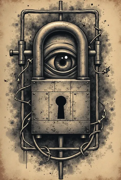 Generate an old school tattoo that represents 1984 an eye behind a lock 