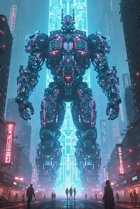 Pixel giant cyberpunk hologram final boss. Illustration vector image. Maximum detail designs on body