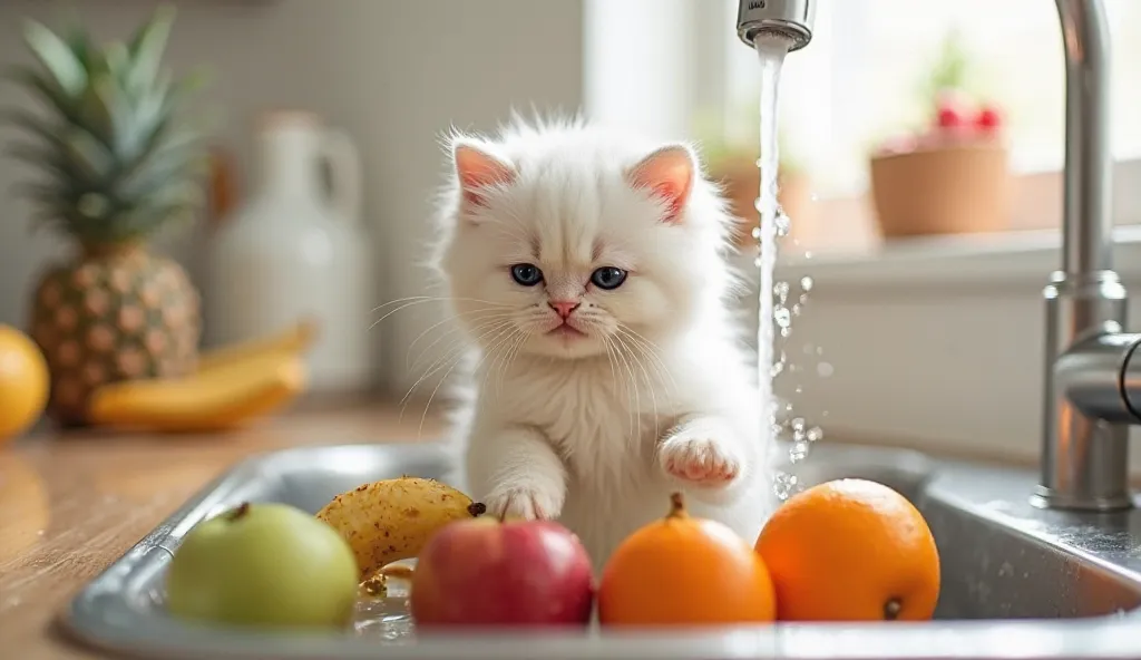 Prompt: "A small white cat with realistic fur, standing on its hind legs in a kitchen sink, washing whole fruits—apple, banana, orange, and pineapple. The cat’s paws are gently rinsing the fruits under running water, with the water droplets clearly visible...