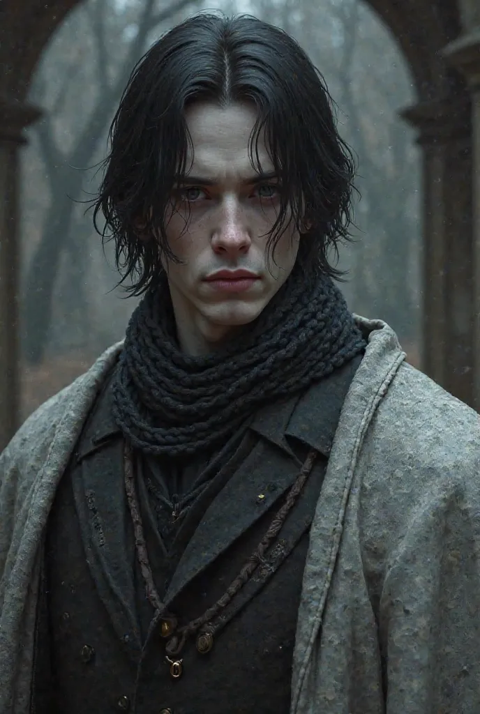 in a fictional medieval world create the image of a strict man with a sad look. with shoulder-length black hair and fair skin. Wear a black knitted ribbon and a silver cover. black and small eyes. 