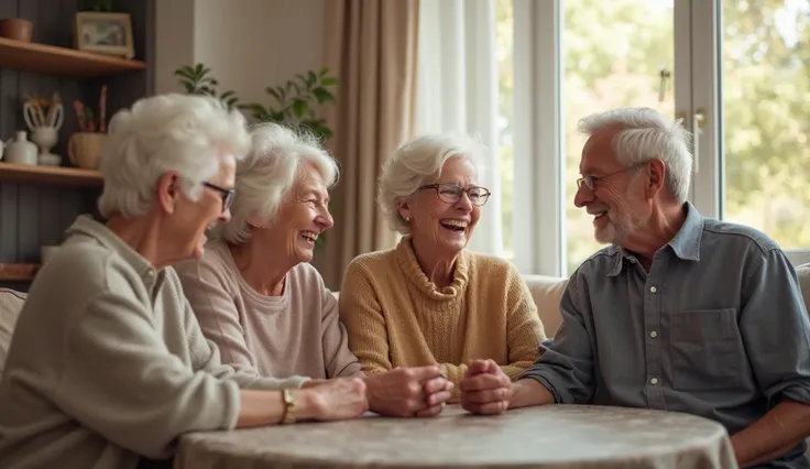 Prompt 1 (Happy Seniors Gathering)
"A realistic, high-quality image of a group of elderly men and women sitting together in a cozy, well-lit living room. They are laughing and enjoying each other’s company, creating a warm and friendly atmosphere. Natural ...