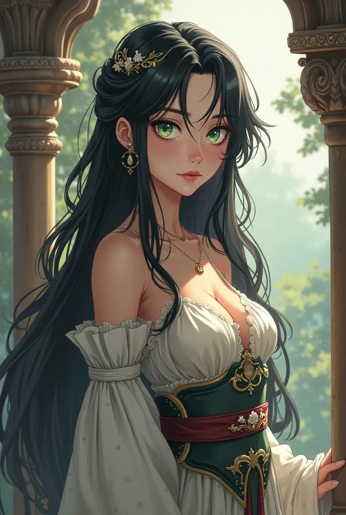  Princess with long black hair , green eyes,  light leather balcony,  anime Nanatsu no Taizai .