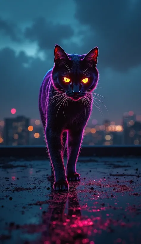 “Nocturne of Neon Shadows”

Under a pitch-black, cloudy sky, an absolute black cat strides,
Across a rooftop of obsidian, where silence abides.
Sly and mysterious, clever with timeless patience,
It roams the night with quiet, ancient cadence.

Its brillian...