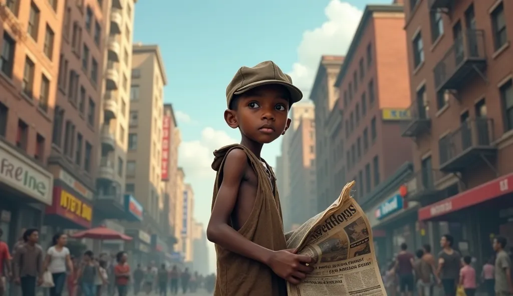 A poor black boy selling news paper in city .