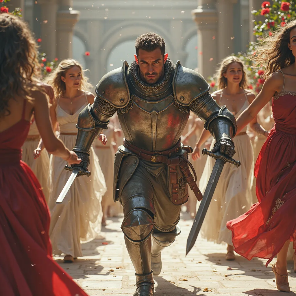 A knight with a sword and armor flees from a crowd of beautiful ladies