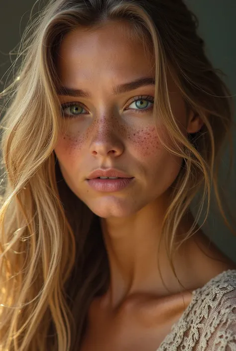 Her hair is a golden brown and long enough to reach her shoulders, which are bronzed from a life of working outdoors. Her nose is flecked with a spattering of freckles and her eyelashes are long, flicking up and down