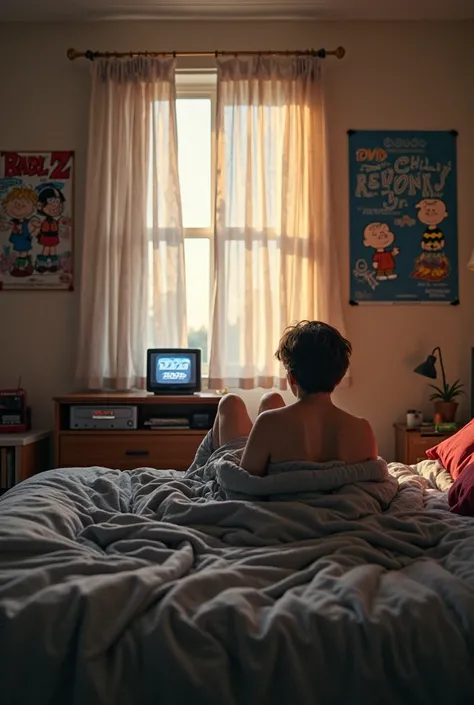 A quiet morning in the year 2000. A young man awakens in his minimalist bedroom, feet showing under a gray blanket. The walls are decorated with iconic posters of 'Dragon Ball Z' and 'Charlie Brown Jr.', reflecting the pop culture of the time. A small tube...