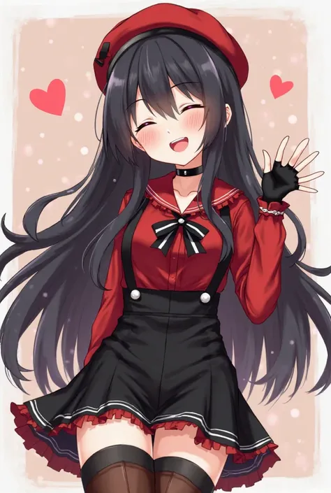 an a french girl  with red eyes with long black hair with long bangs and with a beret with black choker and with red shirt with  collar with crossed bow tie and long black fingerless gloves with black jumpsuit with skirt and with thigh high socks with brow...