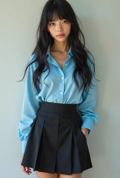 Make a 20-year-old girl 1.75m pretty white black hair, Italo Venezolana.  dark eyes. Dressed in black knee-length gabardine skirt and sky blue long sleeve shirt. very pretty. Femele's smile fatale character,  cat look , features of a dominant tender girl ,...