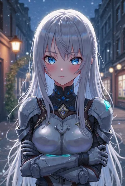 A girl with long silver hair in light armor looks at you blushing,  with her arms crossed ,  with night street in the background , Blue eyes,  Anime style