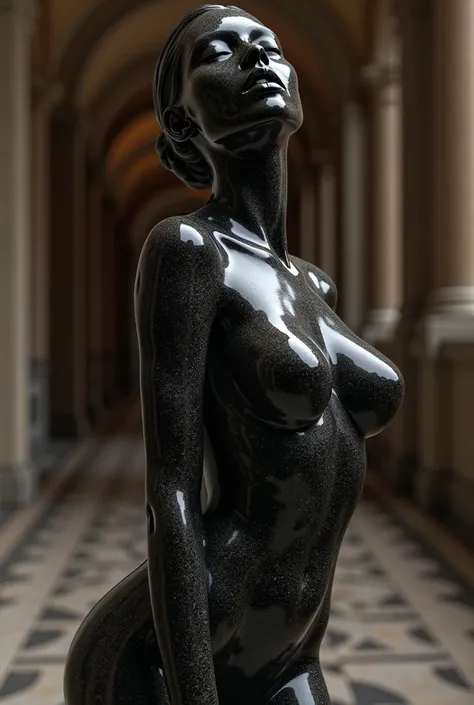 FROM SIDE STATUE GRANIT NOIR, MUSEUM, a SKINNY girl, very detailed, beautiful detailed MOUTH, beautiful detailed lips, extremely detailed NECK and face, ORGASMIC EXPRESSION, touching pussy 