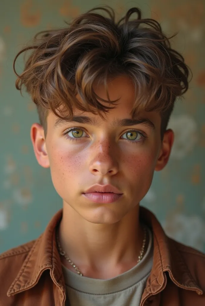 But now he's not  right kkkk, And why is he so serious, And full body I want to say that I want him from head to toe in the image he looks back, Twelve-year-old boy with light brown hair shaved on the sides, green eyes, Latin-type tanned skin ok?