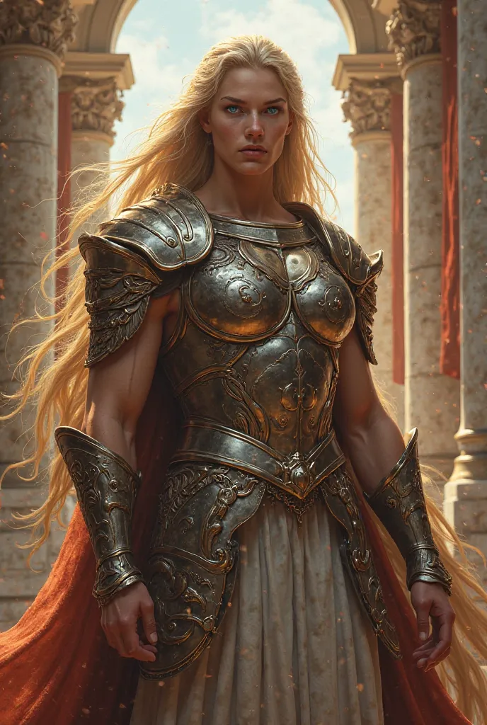 Greek deity, long blonde hair ,  blue eyes, soldier's armor 