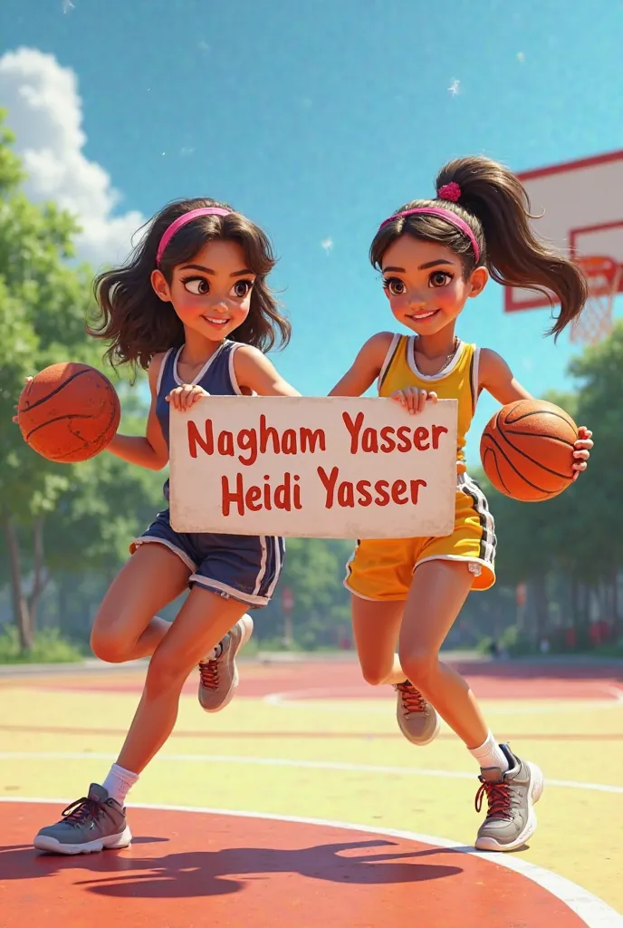 Two beautiful girls playing basketball holding a sign with the names of Nagham Yasser and Heidi Yasser written on it