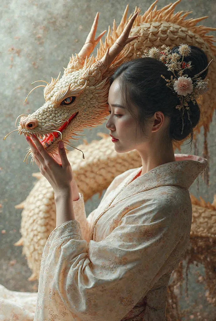 You can create a geisha on the left side of the image caressing the face of a Chinese dragon intertwining in the super realistic geisha style 