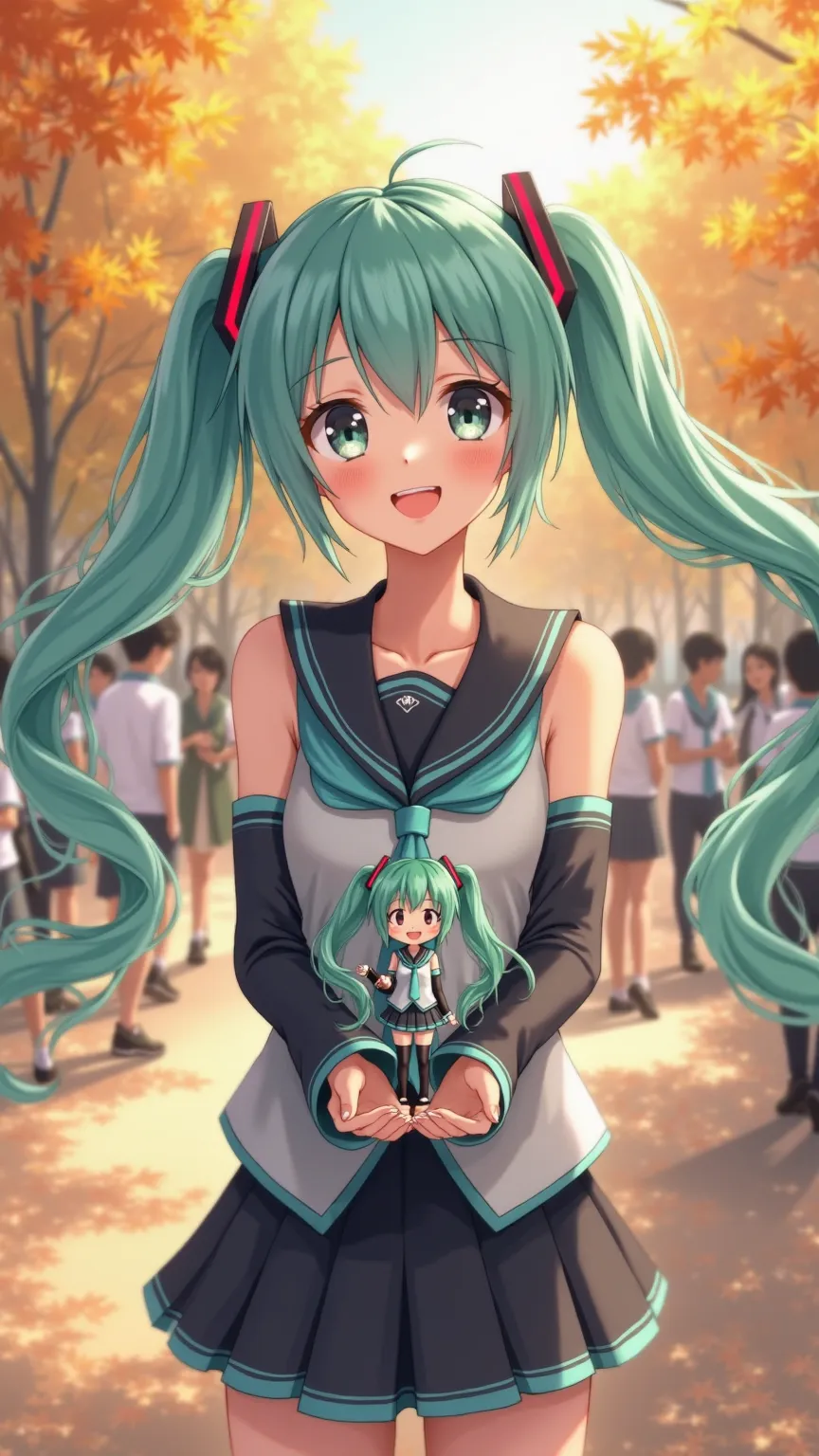 "In a lively schoolyard bathed in golden sunlight, a cheerful junior cosplays as Hatsune Miku, her turquoise twin tails swaying playfully in the breeze. Dressed in a sailor-style uniform with futuristic accents, she holds a beautifully detailed Hatsune Mik...