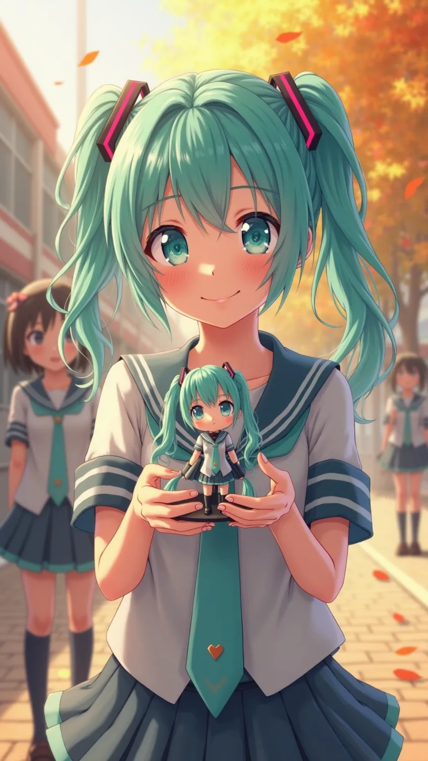 "In a lively schoolyard bathed in golden sunlight, a cheerful junior cosplays as Hatsune Miku, her turquoise twin tails swaying playfully in the breeze. Dressed in a sailor-style uniform with futuristic accents, she holds a beautifully detailed Hatsune Mik...