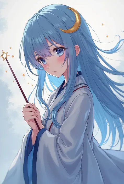 Anime style beautiful girl, , long blue hair, long bangs, timid mage's robe, moon hair ornament, holding a magic wand