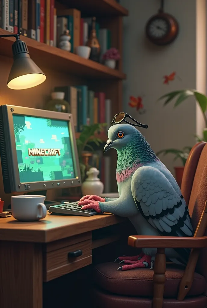 Pigeon playing mincraft on a pc