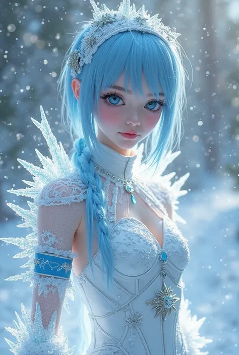 "Futuristic schoolgirl with bare shoulders and white and blue horizontal striped sleeves.  pale skin, icy mutant features: Ice blue hair, dark blue eyes with snowflake-shaped pupils and two black stripes on her cheeks. She wears a polar warrior costume (wh...