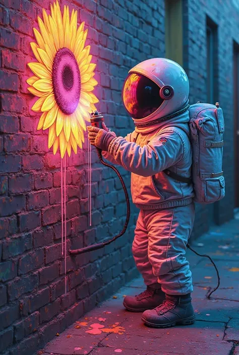 Airbrush oil painting, a cute and naughty [little astronaut] wearing an astronaut helmet and hoodie sweatshirt spray painting a wall with a [sunflower] in neon color. Background: a realistic brick wall with colorful paint drips and neon-like reflections.